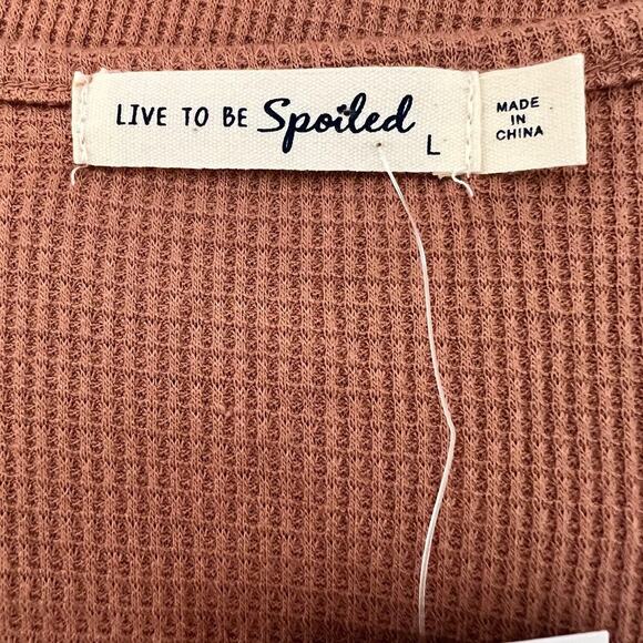 Live to be Spoiled Juniors Baby Doll Thermal Knit Top Large Brown Embroidered - Picture 4 of 7